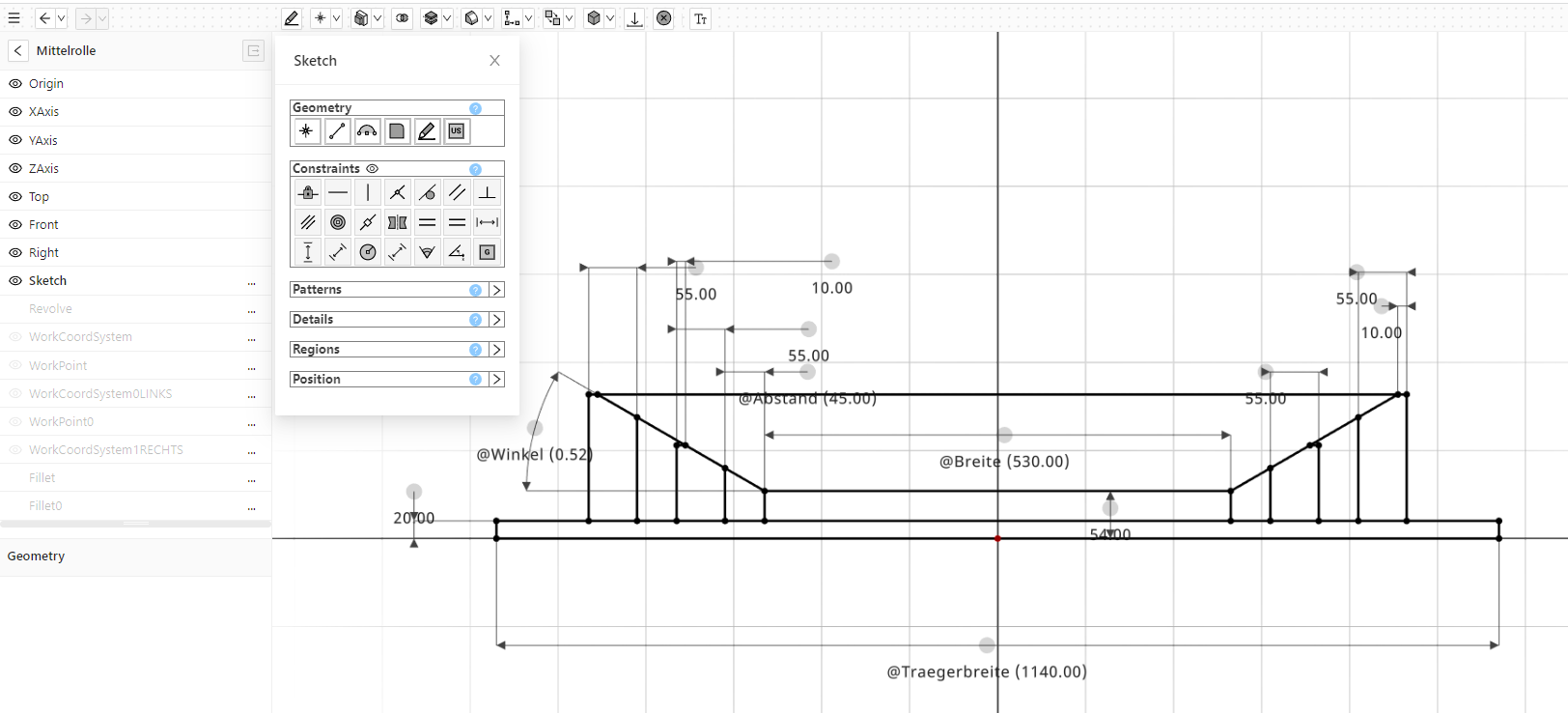 The Buerligons sketcher: a roller profile with named, constrained dimensions such as @Breite and @Traegerbreite